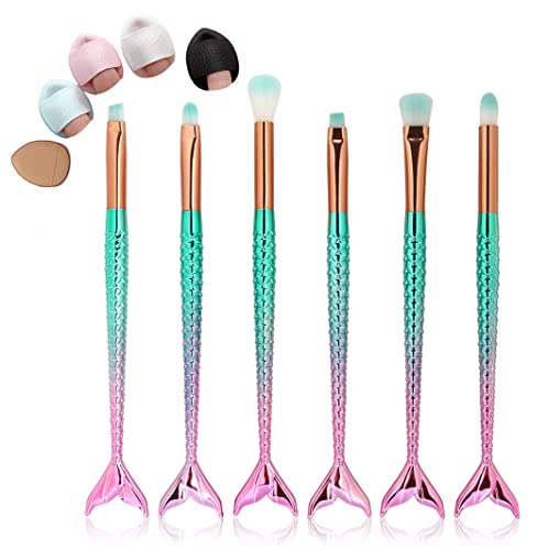 6 Pcs Set 3d Mermaid Makeup Brush Cosmetic Brushes Eyeshadow Eyeliner Blush Brushes Tools (Sky Blue&Pink(6pcs Set))