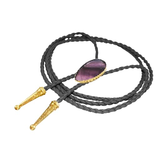 Image of Daisy Del Sol Gemstone Bolo Tie Braided Vegan Faux Leather Natural Stone Gold Handmade Necklace Adjustable Boho Western Jewelry