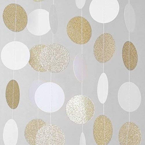 MerryNine Paper Garland, 5 Pack 50ft Glitter Paper Garland Circle Dots Hanging Decor, Paper Banner for Baby Shower, Birthday, Nursery Party Decor (Circle Polka Dots- White Gold 5pack 50ft)