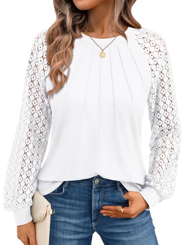 AUTOMET Womens Long Sleeve Shirts Pleated Lace Tops Fall Fashion Outfits Business Casual Blouses