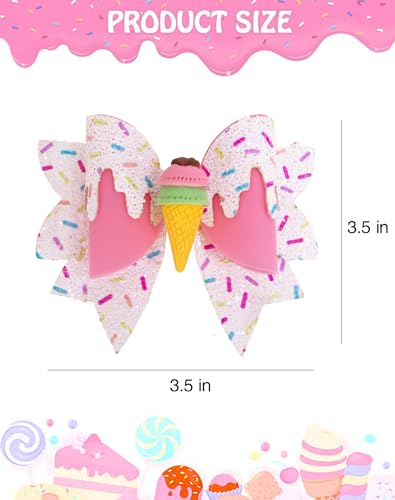 Ice Cream Hair Bow Clips, 2 Pack Glitter Sprinkle Leather Bow Barrettes, Non Slip Alligator Clips, Birthday Party Hair Accessories for Girls, Pink — view 2