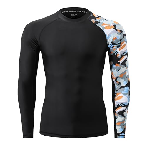 Image of HUGE SPORTS Men's Rash Guard Long Sleeves UPF 50+ UV Sun Protection Quick Drying Splice Compression Swim Shirts