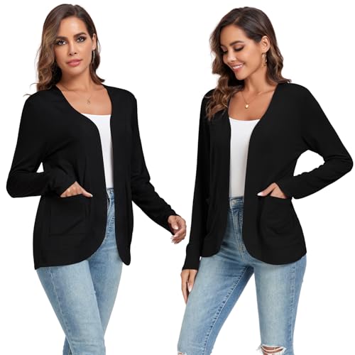TownCat Strickjacke Damen Dünne Casual Langarm Elegant Cardigan Mit Taschen Leicht Gemütlich Offene Vorderseite Ärmel Draussen Atmungsaktiv Jacken Schwarz M