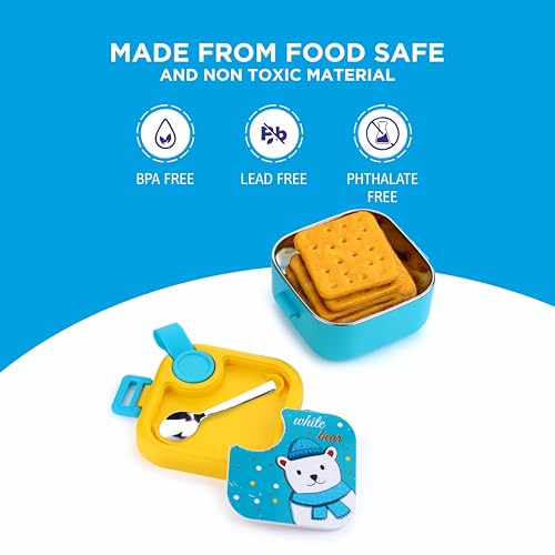 Image of Homeor Stainless Steel Box with Spoon, Tiffin Box for Kids, Airtight BPA Free & Leakproof Lunch Box, Steel Box for School Girls and Boys, Snacks Tiffin for Kids, 500 ML, Blue