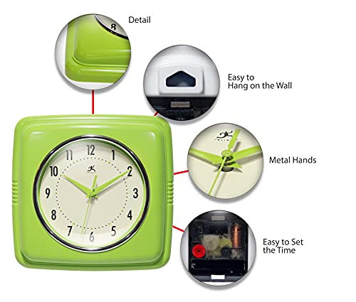 Infinity Instruments Retro Wall Clock – 9-Inch Square Silent Non-Ticking Mid-Century Modern Clock – Vintage Decorative Wall Clock for Kitchen, Office, or Diner – Apple Green