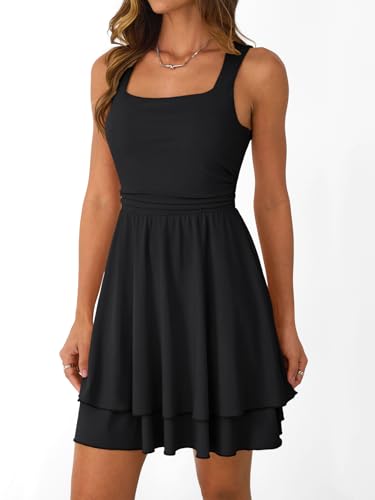 Trendy Queen Women's Square Neck Summer Party Flowy Ruffle Hem Ruched Waist Mini Dress3