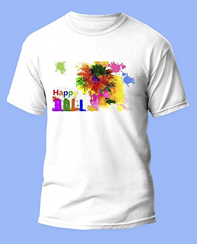 Image of Knitted Polycotton Fabric Regular Fit Men Boys Half Sleeve T-Shirt for Festival of Holi Style 22 White Size : Free