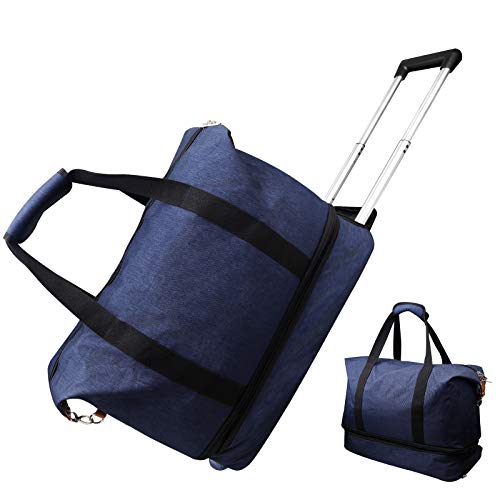 EDGCIES Rolling Duffel Bag Carry On with Wheels Luggage Men Women Tote Short Term Trips Expandable Small 20L Weekender Overnight Business Travel Spinner Canvas Suitcase Lightweight trolley-Blue