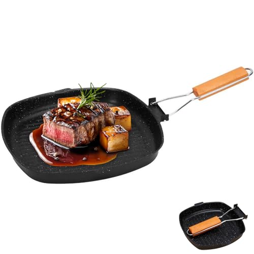 Cast Iron Grill Pan Nonstick Steak Frying Pan Square Griddle Pan Omelette Skillet with Foldable Wooden Handle & Dual Pour Spouts for Oven Stovetop Campfire Gas Bacon Vegetables (30 x 30 x 3.5cm)