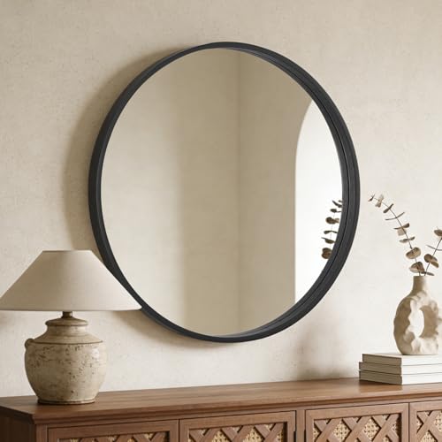Image of WallBeyond Round Wood Mirror, 32 inch Round Modern Decoration Large Circle Wall Mirror for Bathroom Living Room Bedroom Entryway, Black