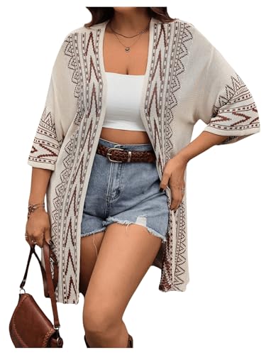 Image of Verdusa Women's Plus Size Boho Tribal Cardigan 3 /4 Sleeve Open Front Loose Kimono Cover Up Khaki XX-Large Plus