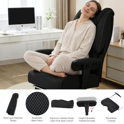 Image of EXCEBET Big and Tall Office Chair 400lbs Wide Seat, Leather High Back Executive Office Chair with Lumbar Support, Ergonomic Chairs Padded Armrests & Thick Cushion (Mesh Dark Black)