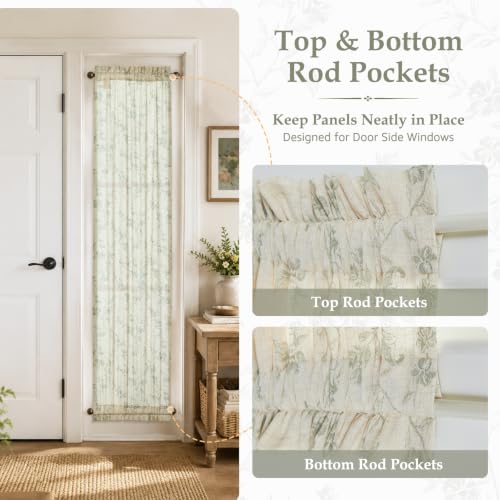 Image of jinchan Green Linen Floral French Door Curtains 40 Inch Rod Pocket 2 Panels