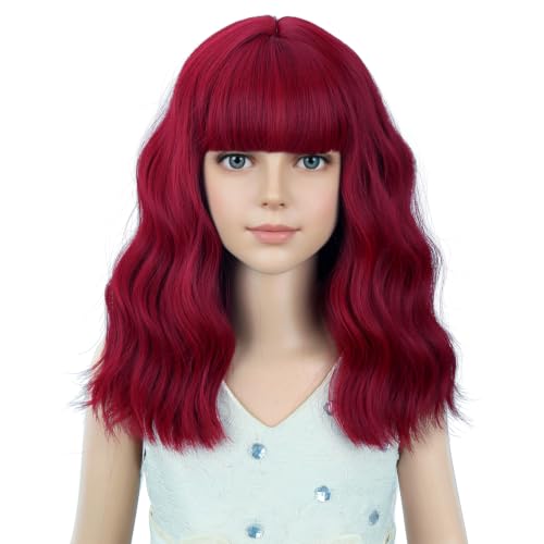 Image of PATTNIUM Red Wig for Girls Kids Short Curly Wavy Wigs with Bangs Shoulder Length Wavy Heat Resistant Synthetic Wig