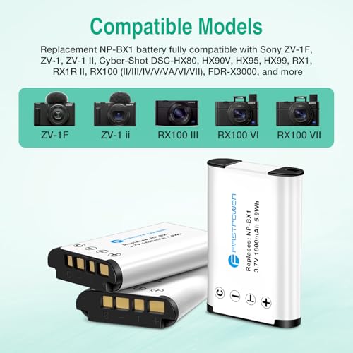 Image of FirstPower NP-BX1 Battery 3X 1600mAh and Triple Slot Charger for Sony ZV-1F | X Type Battery for Sony ZV1, ZV-1 II, ZV1F, Cyber-Shot DSC-HX80, HX90V, HX95, HX99, RX1, RX100 (II /III /IV /V /VA /VI /VII)