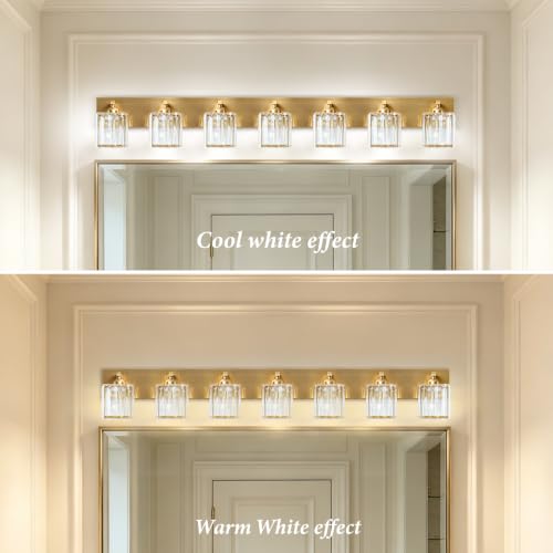 Image of Gold Crystal Bathroom Vanity Light, 7-Light Modern Bathroom Lighting Fixtures Over Mirror, Matte Gold Wall Sconce with Square Shade