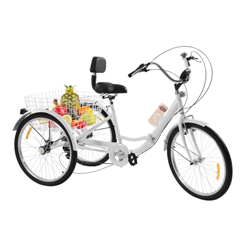 Triciclo de 24 pulgadas de 7 velocidades para adultos, bicicleta de crucero de 3 ruedas, bicicleta de carga, triciclo plegable con portavasos y cesta de verduras, ajustable para adultos mayores