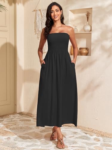 Capuffy Women's Strapless Boho Beach Dress Sleeveless Tube 2025 Summer A Line Sundress with Pockets Flowy Swing Maxi Dress 334