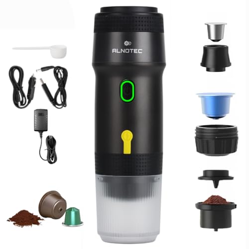 Expresso Machine à Café Portable Electrique Auto Chauffante, 20BAR - 3 EN 1 Compatible Capsules NES, DG et Café Moulu - Chargeurs 220V, USB et Voiture - Rechargeable. (NOIR)
