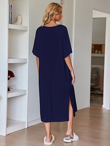 Image of Ekouaer Women's Nightgown Short Sleeve Sleepshirt Long Loungewear Casual Maxi Lounge Dress House Dresses with Pockets