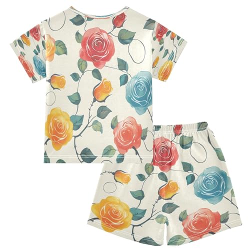 senya Short Sleeve Pajamas Sets Summer Cotton Sleepwear Flower Leaves Rose Fantasy Ink Red Yellow2