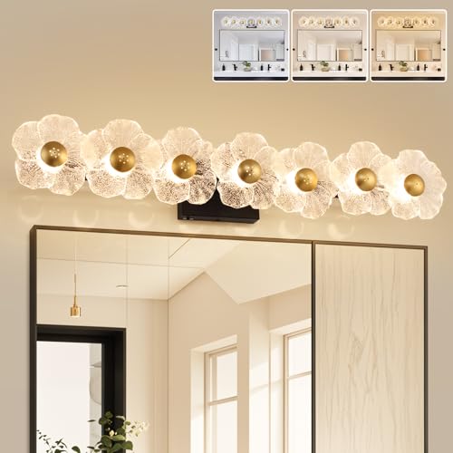 Image of MantoLite Bathroom Light Fixtures Modern Vanity Light Over Mirror Adjustable 3000K-6000K Picture Lights Art Light with Floral Clear Glass Shades for Living Room Bedroom Wall Sconces (7 Light Black)