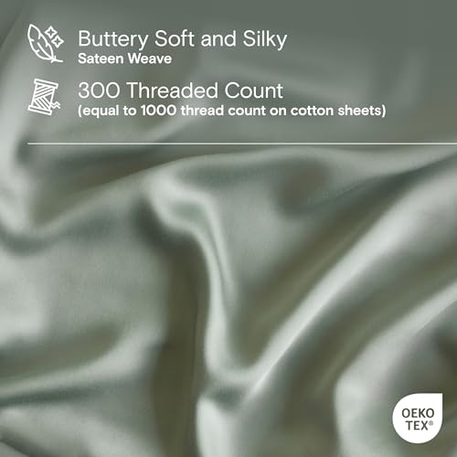 Image of DOZ Sheet Set, 100% Viscose derived from Bamboo, Organically Grown, Buttery Soft, Cooling Sheets, High GSM, Deep Pockets - 3 Piece - 2 Pillowcases 1 Fitted Sheet (Sage, Queen)
