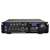 amplificador celestium 2000 watts  2000w Bluetooth5.0 Amplificador De Audio Estéreo De Cine En Casa Amplificador De Coche De 5 Canales Aux USB FM SD, 2 Entradas De Micrófono con Eco, RCA, Adecuado para Estudio Y Uso Doméstico