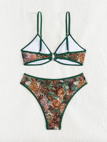 Image of Fanuerg Women's Triangle Bikini Sets O Ring Linked Two Piece Swimsuits Floral Printed Cheeky Bathing Suit