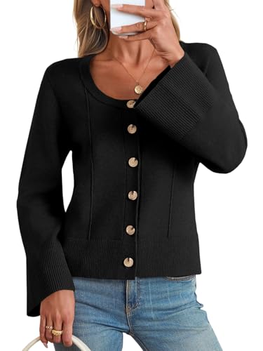 Image of Saodimallsu Womens Bell Sleeve Cardigan Sweaters Button Down Long Sleeve Fall Trendy Sweaters 2025 U Neck Knit Outwear