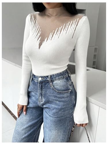 Image of RoseSeek Women's Color Block Mock Neck Sweaters Ribbed Knit Long Sleeve Slim Fit Pullover Tops White Small