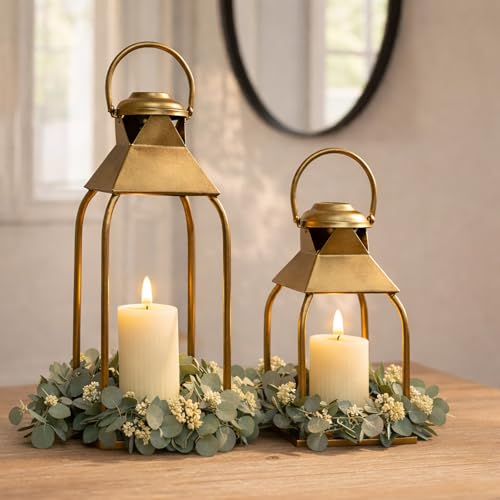 Faroles decorativos de metal para interiores y exteriores, portavelas para porche, patio, chimenea, suelo, boda, Navidad, otoño, vacaciones, centro de mesa de granja (oro antiguo, juego de 2 unidades