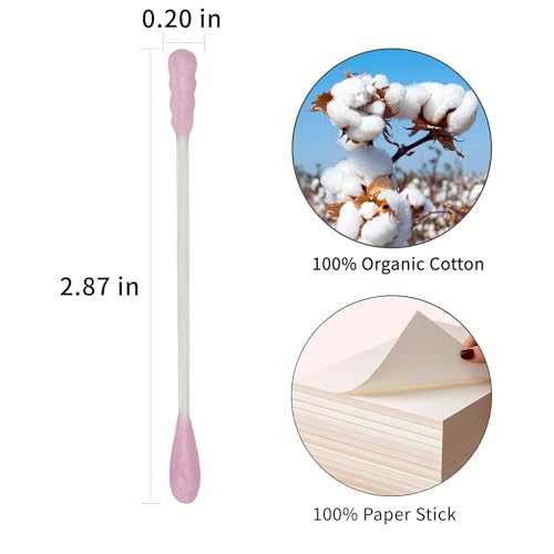 Image of Pink Cotton Swabs Spiral - 400 Count Organic Cotton Buds Double Side Tightly Wrapped Cotton Tips Paper Stick Soft Gentle Lint-Free Cruelty-Free, Round & Spiral (Pink)