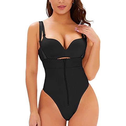 GELing Women's High Waist Thong Firm Control Bodysuit Shaper Open Bust Slimming Body Shaper Briefer Zipper Tummy Control Knickers Waist Trainer Underbust Shapewear with Adjustable Straps Black S Cover