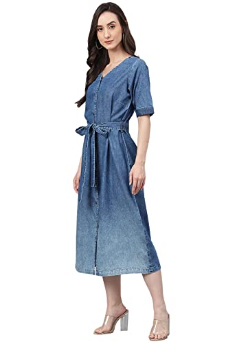 Image of Janasya Women's Denim Solid Straight Western Dress