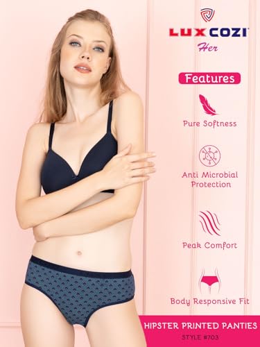 Image of Lux Cozi for her Outer Elastic Hipster 100% Cotton Panty Set for Women | Cotton Panty for Women | Underwear for Women |Hipster Panties for Women | Colors & Prints May Vary | Pack of 6