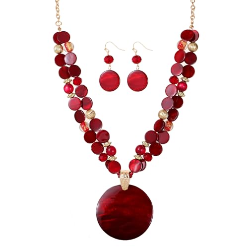 Xalroco Layered Beads Statement Fashion Necklace Chunky Jewelry Set Big Colorful Glass Stone Circle Shell Pendant Choker Necklace and Earring Set for Women (burgundy)