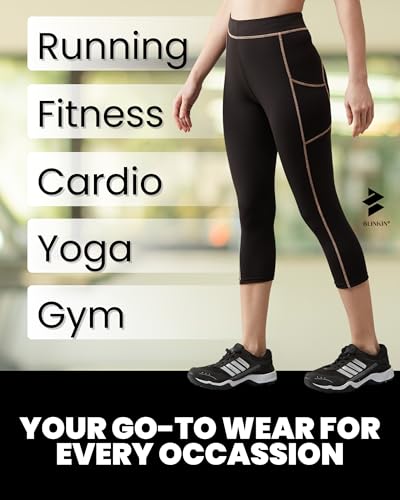Image of BLINKIN Women's 3 /4 Gym Wear Tights for Women with Side Pockets : Perfect for Active Wear, Yoga & Workout - The Ultimate Gym Pants for Woman & Girls (015)