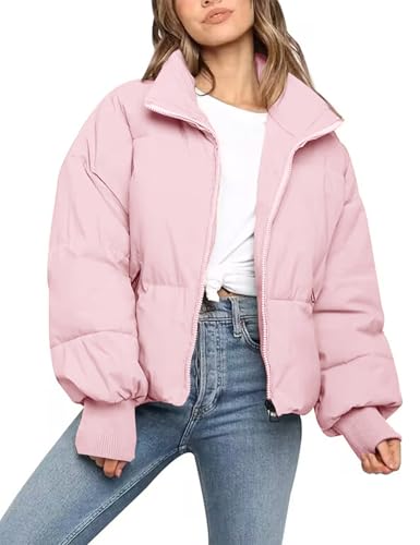 Flygo Winter Cropped Puffer Jacket Coats for Women 2025 Short Warm Quilted Jackets Outerwear with Pockets(Pink-M)