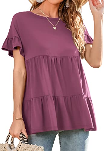 Neineiwu Women's Casual Ruffle Short Sleeve Crewneck Loose Tops Blouses Tunics