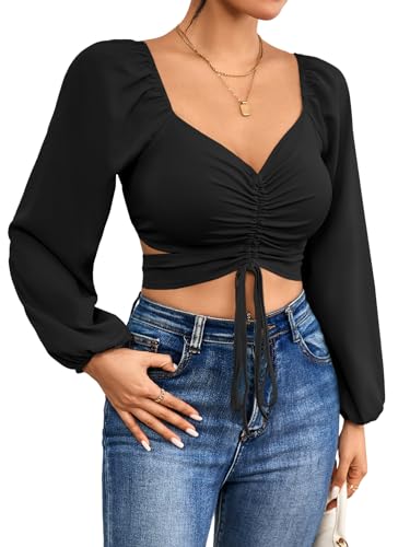Rooscier Women's Drawstring V Neck Ruched Lantern Long Sleeve Tie Back Crop Top Blouse4