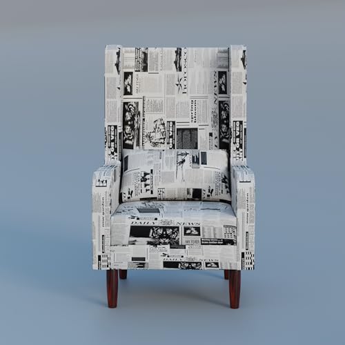 Image of Wooden Wing Chair with Ottoman Stool | Wingback for Living Room | High Density Foam | Accent Chair for Seating, Home Decor Furniture | (A-Vintage Newsprint, with Ottoman)