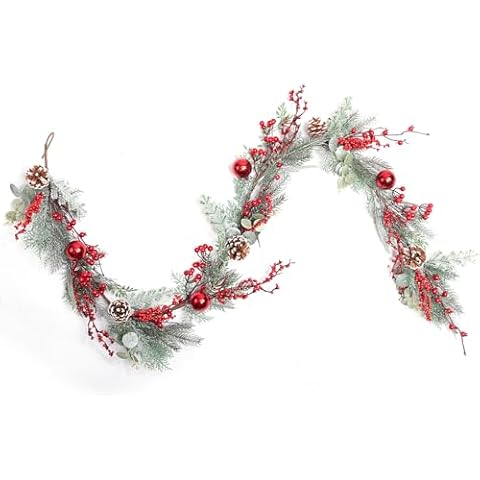 LOHASBEE Artificial Christmas Garland, 6 FT Pine Cone Garland with Red Berries and Ornaments for Christmas Indoor Outdoor Garden Gate Home Wall Window Decor Cover
