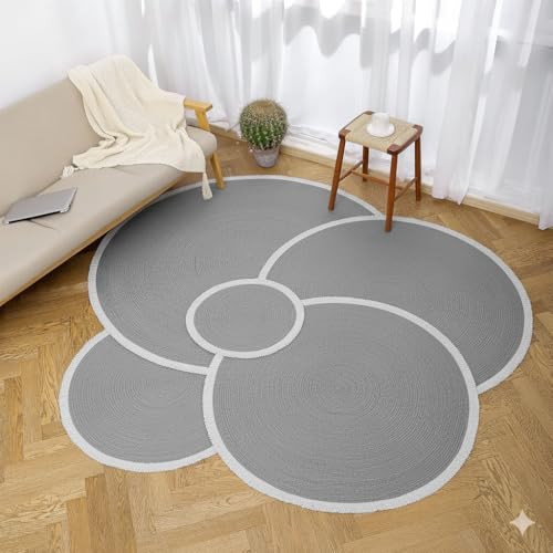 Image of Cotton Round Carpet 3x3 feet - Handmade Braided Boho Rug for Living Room, Bedroom & Balcony - Soft Washable Floor Mat, Color -Grey