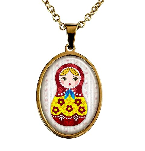 Collier matriochka folklorique fleurs poupée russe jaune rouge