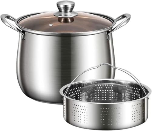 Riazdiw シチュー、カレー、深蒸し器などに最適な、ガラス蓋付きのステンレス製ダブルハンドル1インチ鍋。IH対応、304ステンレススチール製の三層蓋、大容量で、あらゆる熱源に対応する万能調理器具です。 (24cm)