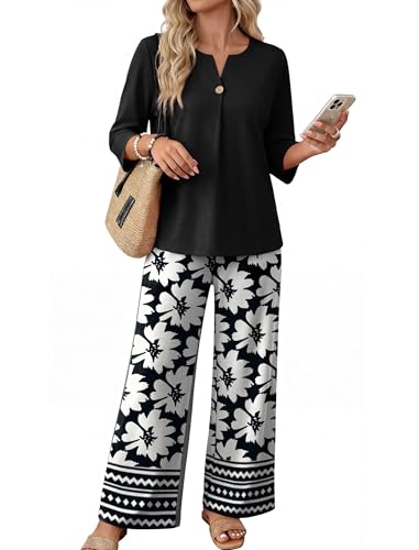 WIHOLL 2 Piece Sets for Women 3/4 Length Sleeve Lounge Sets Summer Spring Beach Vacation Travel Cruise Airport Outfits Matching Women Fashion Clothing Wide Leg Pants Set L - view 3