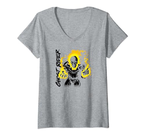 Marvel Ghost Rider T-Shirt Femme Col V Imprimé Portrait Angry Pose Noir