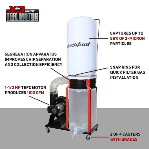Image of BUCKTOOL 1-1 /2HP Dust Collector, 1100 CFM Woodworking Dust Collection System with Internal Dust Baffle, 98% 2-Micron Filtration, Dual 4-Inch Ports, Mobile Base & 6-Inch Main Inlet