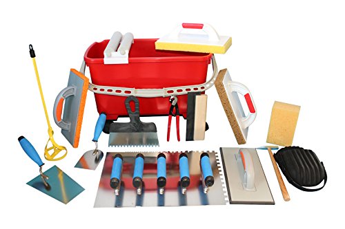 Preisvergleich Produktbild Fliesen Waschset PREMIUM Fliesenwascheimer + grosses Werkzeugset 5 x Glättekellen rostfrei mit Softgriff, Fliesenwaschbretter, Fliesenlochzange, Rührer uvm.